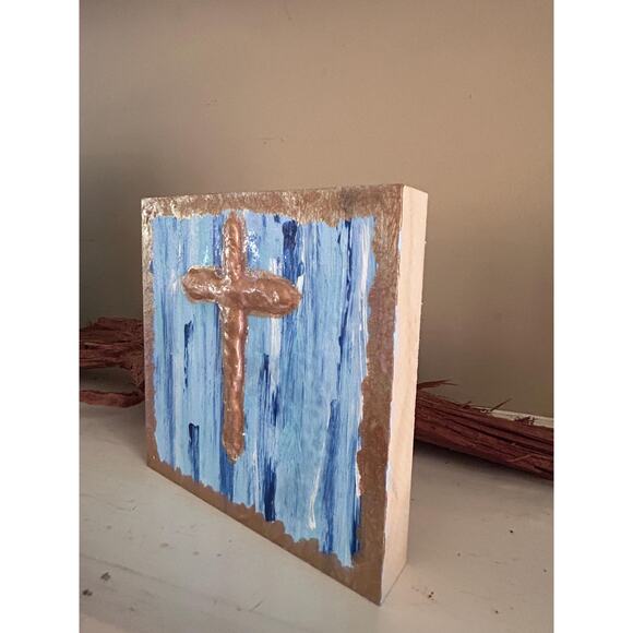 SALE Gold Cross Wood Painting Hand Painted Puffy Wall Art 5 x 5 Block White Blue - Picture 4 of 9